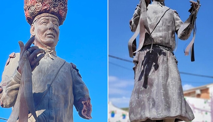 Imagen de la estatua, despu&eacute;s del acto vand&aacute;lico, y en su composici&oacute;n original.