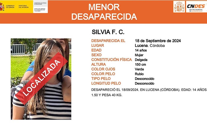 Aparece la menor desaparecida en Lucena.
